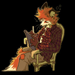 anthro big_tail black_background bottomwear cargo_pants chair clothed clothed_anthro clothed_male clothing dipstick_tail drawing_(action) drawing_tablet flannel fully_clothed fully_clothed_anthro fully_clothed_male fur furniture male male_anthro markings on_chair orange_body orange_fur pants pattern_clothing pattern_shirt pattern_topwear plaid plaid_clothing plaid_shirt plaid_topwear red_clothing red_plaid red_shirt red_topwear shirt simple_background sitting sitting_on_chair snout solo tail tail_markings text topwear white_snout white_tail_tip serpent_x canid canine fox mammal red_fox true_fox english_text hi_res signature