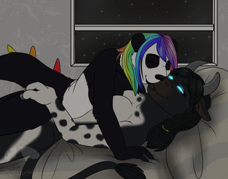 anthro bed bedroom breasts dark duo escort female female/female furniture glowing glowing_eyes kissing making_out night nude rainbow star tail mistresssable blizzard_entertainment mythology warcraft huffles bear bovid bovine dragon giant_panda hybrid mammal mythological_creature mythological_scalie scalie tauren 2015