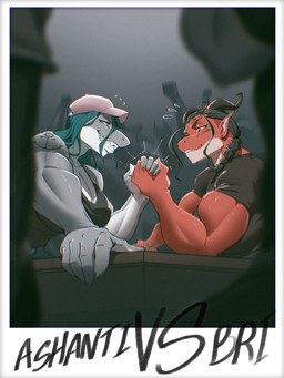 anthro arm_wrestling big_breasts breasts clothed clothing duo female group hair hat headgear headwear horn lips muscular muscular_female polaroid_photo red_body red_skin smile tail text thick_bottom_lip zanzagen mythology ashanti_(typelord) bridget_(zanzagen) aquatic dragon fish mythological_creature mythological_scalie scalie shark absurd_res digital_media_(artwork) hi_res