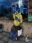 absurd_res blue_hair building canid canine chilling city clothing detailed_background electronics fox fur grey_body grey_fur hair hi_res holding_object holding_phone hoodie hz_(hz_foxy) hz_foxy kuala_lumpur male mammal night outside phone simple_background solo textured_background topwear yellow_clothing yellow_hoodie yellow_topwear