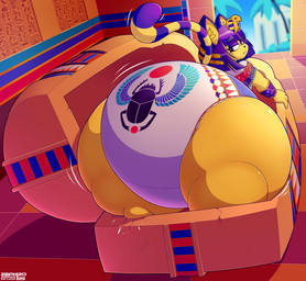 anthro big_butt blue_hair butt butt_focus clothed clothing egyptian egyptian_clothing egyptian_headdress female hair huge_butt hyper_pear looking_back monobutt overweight presenting rear_view sarcophagus solo stripes tail thick_thighs wide_hips yellow_body zaphod animal_crossing nintendo ankha_(animal_crossing) domestic_cat felid feline felis mammal 2025 digital_drawing_(artwork) digital_media_(artwork) hi_res