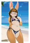 anthro beach bikini blush breasts clothed clothing eyewear female fur glasses hair sand seaside sky solo swimwear two-piece_swimsuit water osada lagomorph leporid mammal rabbit hi_res