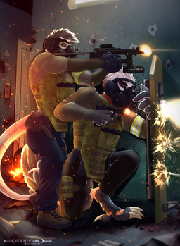 aiming_gun aiming_rifle aiming_weapon anthro apartment apartment_building armor army battle biceps black_bottomwear black_clothing black_mask black_pants blue_bottomwear blue_clothing blue_pants bottomwear bullet bullet_hole bulletproof_vest camo camo_clothing camo_print camo_topwear camo_vest clothing duo embers feathers fire fur gas_mask green_clothing green_eyes green_legband green_topwear green_vest grey_body grey_feathers grey_fur gun gunfight gunfire hallway handgun holding_gun holding_handgun holding_object holding_pistol holding_ranged_weapon holding_rifle holding_shield holding_weapon inside male manly mask military military_gear military_vest muscular muscular_anthro muscular_male pants pattern_clothing pattern_topwear pattern_vest pistol ranged_weapon red_eyes ricochet rifle shield shootout sniper sniper_rifle soldier standing tactical tactical_belt tactical_gear tactical_load_carring_vest tail thick_arms topwear vest warrior warzone weapon wearing_armor white_body white_feathers beichtstuhl dimitri_khandov accipitriform american_opossum avian bird mammal marsupial virginia_opossum vulture hi_res