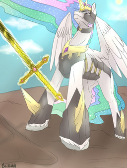 armor cloud crown feathered_wings feathers female feral fur hair headgear horn long_hair looking_at_viewer melee_weapon multicolored_hair outside purple_eyes royalty sky solo sun sword weapon white_body white_feathers white_fur wings backlash91 conditional_dnp friendship_is_magic hasbro my_little_pony mythology princess_celestia_(mlp) equid equine mammal mythological_creature mythological_equine winged_unicorn digital_media_(artwork) hi_res