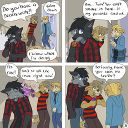 angry barefoot black_hair blonde_hair blue_eyes bottomwear brown_eyes cheek_tuft cigarette cigarette_in_mouth cigarrete clenched_teeth clothing curly_hair dialogue door ears_back eyes_closed facial_tuft feet fist flannel_shirt four_frame_image fur grey_body grey_fur group hair holding_cigarette holding_cigarette_box holding_object hoodie inside lighter lighting_cigarette logo looking_at_another male object_in_mouth page_number pants pattern_clothing pattern_shirt pattern_topwear pivoted_ears scolding sharp_teeth shirt sound_effects spray_can spraying stairs striped_clothing striped_shirt striped_topwear stripes tail teeth text topwear trio tuft yellow_body yellow_fur kriek_wildebeest boris_(kriek_wildebeest) jeremy_(kriek_wildebeest) tom_(kriek_wildebeest) border_collie canid canine canis collie domestic_dog herding_dog husky hybrid mammal nordic_sled_dog pastoral_dog sheepdog spitz wolf 1:1 artist_logo comic english_text hi_res brother_(lore) brothers_(lore) sibling_(lore)
