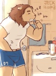 anthro bathroom biped body_hair bottomwear boxers_(clothing) brush brushing brushing_teeth bulge clothed clothing contact_onomatopoeia different_sound_effects ear_piercing eyes_closed fur hand_in_underwear happy_trail male morning muscular muscular_anthro muscular_male number number_on_bottomwear number_on_boxers number_on_clothing number_on_shorts number_on_underwear number_print onomatopoeia pattern_bottomwear pattern_clothing pattern_shorts piercing print_bottomwear print_boxers print_clothing print_shorts print_underwear scratching_sound_effect shirt shorts sleeping solo sound_effects standing striped_bottomwear striped_boxers striped_clothing striped_shorts stripes text toothbrush topwear underwear vowelless vowelless_sound_effect zzz jeck felid lion mammal pantherine 2014 korean_text