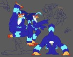 ambiguous_gender anthro backbend blue_body blue_eyes blue_feathers bodily_fluids butt feathered_crest feathers featureless_crotch feet flexible head_crest markings multiple_poses narrowed_eyes null pose presenting presenting_hindquarters raised_leg raised_tail simple_background sitting smile smiling_at_viewer splits spread_legs spreading standing stretching sweat sweatdrop tail talons thick_thighs toes winged_arms wings artsmerciless nintendo pokemon avian generation_4_pokemon generation_9_pokemon lopunny mammal pokemon_(species) quaquaval 2022 absurd_res hi_res sketch_page