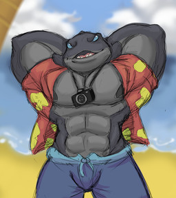 abs aloha_shirt areola beach blue_eyes camera clothed clothing grey_areola grey_body grey_skin hands_behind_head male muscular muscular_male open_clothing open_mouth open_shirt open_smile open_topwear pattern_clothing pattern_shirt pattern_topwear sea seaside shirt smile solo teeth topwear water unrealrui disney lilo_and_stitch gantu alien 2019
