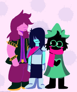 armor black_body black_fur blue_body blue_hair blue_skin blush eyewear freckles fur glasses group hair heart_symbol long_hair pink_body pink_hair pink_skin scarf simple_background goatboyalex deltarune undertale_(series) kris_dreemurr ralsei susie_(deltarune) bovid caprine darkner goat human mammal reptile scalie 5:6