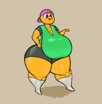 anthro big_breasts blush bottomwear breasts clothing female footwear hat headgear headwear huge_breasts purple_eyes shirt shorts socks solo thick_thighs topwear yellow_body jovi_cap gravelin lizard reptile scalie hi_res