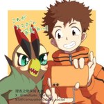 anthro beak blush brown_body brown_feathers brown_hair cellphone duo electronics feathers green_eyes grin hair male phone selfie sharp_teeth smartphone smile teeth text toothed_beak mofumi_corvus bandai_namco digimon digimon_survive falcomon_(survive) minoru_hyuga digimon_(species) falcomon human mammal 1:1 hi_res japanese_text