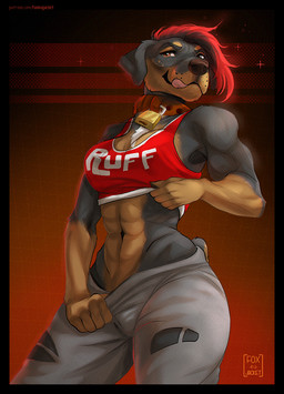 abs abstract_background anthro black_body black_fur bottomwear bra breasts brown_body brown_eyes brown_fur clothing collar female floppy_ears fur hair highlights_(coloring) muscular muscular_anthro muscular_female padlocked_collar pants red_highlights short_tail solo sport sports_bra tail text text_on_clothing text_on_sports_bra tongue tongue_out underwear whisker_spots foxinajacket ruby_(abananaman) canid canine canis domestic_dog mammal mastiff molosser rottweiler 2026 artist_name digital_media_(artwork) hi_res portrait three-quarter_portrait url