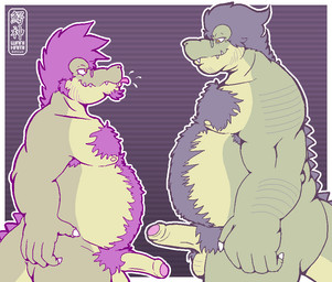 anthro arm_hair armpit_hair ball_tuft balls beard belly belly_hair biceps black_hair body_hair chest_hair chest_tuft claws comparing comparing_penis duo erection eye_contact eyewear facial_hair forearm_hair forearms foreskin fur genitals glasses goatee green_body green_scales grey_hair hair hairy happy_trail humanoid_genitalia humanoid_penis looking_at_another looking_down looking_up male male/male muscular nipples nude orange_eyes overweight partially_retracted_foreskin pattern_background penis pink_hair pubes purple_hair realistic_penis_size scales sharp_teeth side_view simple_background smile smirk standing striped_background tail teeth thick_penis tongue tongue_out tuft wanikami sobek_(character) suchos crocodile crocodilian krokodyle reptile scalie 2010 digital_media_(artwork) half-length_portrait portrait watermark father_(lore) father_and_child_(lore) father_and_son_(lore) incest_(lore) parent_(lore) parent_and_child_(lore) parent_and_son_(lore) son_(lore)