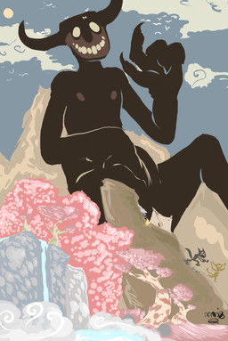 abstract_art biped cherry_blossom cherry_blossom_tree cherry_tree cloud flower fruit_tree group macro male mountain nature nude outside plant prunus_(flower) running size_difference sky solo_focus sun surrealism teeth tree waterfall what phylum humanoid monster 2008 digital_media_(artwork) hi_res restricted_palette