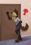 anthro bodily_fluids canid canine canis cerffou clothing crossed_legs desperation dishka door genital_fluids hi_res inside male male_peeing mammal omorashi peeing potty_dance solo urine watersports wetting wolf