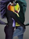 anthro anthrofied beak bottomwear breasts canon_couple clothing crossgender denim denim_bottomwear denim_clothing duo feathers female female/female grey_background jeans love married_couple non-mammal_breasts pants simple_background wife wife_and_wife crocodilianbooty blue_sky_studios rio_(series) eva_(rio) rafael_(rio) avian bird keel-billed_toucan ramphastos toco_toucan toucan