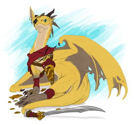 ambiguous_gender amputee claws clothing coin disability ear_piercing eye_patch eyewear fangs feral green_eyes horn jewelry melee_weapon piercing pirate prosthetic prosthetic_arm prosthetic_limb ring solo sword tail teeth toe_claws weapon wings flamespitter mythology fortune_(flamespitter) dragon mythological_creature mythological_scalie scalie hi_res