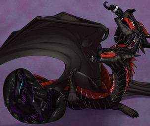 abdominal_bulge accessory ambiguous_gender belly black_body bodily_fluids drooling duo erection feral furgonomics genitals glowing glowing_eyes glowing_markings holding_stomach horn internal jewelry male markings neck_bulge nose_spike oral_vore penis purple_body purple_scales red_body ring saliva saliva_string scales size_difference spikes swallowing tail tail_accessory tail_jewelry tail_ring teeth tongue tongue_out vore wings armomen conditional_dnp mythology dragon mythological_creature mythological_scalie scalie digital_media_(artwork)