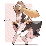 anthro arm_tuft biped black_clothing black_dress black_footwear black_sclera black_shoes bottomwear breasts brown_body brown_fur clothing curtsey dress ear_tuft eyebrows female floppy_ears footwear fur legwear lop_ears maid_headdress maid_uniform red_eyes shadow simple_background skirt socks solo tail thick_eyebrows thigh_highs tuft uniform waist_apron white_clothing white_footwear white_socks wrist_tuft yuika9200 nintendo pokemon generation_4_pokemon lopunny pokemon_(species) 1:1 2025 absurd_res hi_res signature