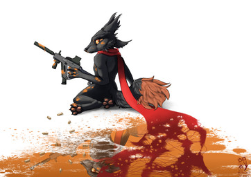 3_toes 4_fingers ambiguous_gender anthro black_body black_fur black_nose blood bodily_fluids cheek_tuft colored_blood curvy_figure destroyed_clothing facial_tuft feet fingers fluffy fluffy_tail fur glistening glistening_eyes gun holding_object holding_weapon hourglass_figure looking_at_viewer looking_back machine_gun markings mostly_nude orange_body orange_fur pawpads paws pupils ranged_weapon rear_view reflection scarf scarf_only serious_face shell_(projectile) sitting slim solo tail tail_markings toes tuft unusual_blood unusual_bodily_fluids weapon yellow_blood yellow_eyes hyacinth1971 casualties:_unknown gunsaw canid canine expie_(gunsawian) gunsawian mammal 2026 absurd_res colored digital_drawing_(artwork) digital_media_(artwork) full-length_portrait hi_res portrait shaded signature