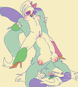 accessory anthro areola armpit_tuft beak big_breasts biped blush bow_ribbon breasts breath chest_tuft clenched_teeth clothing countershade_fur countershade_torso countershading crotch_tuft dipstick_tail duo eyes_closed female female/female female_anthro female_on_bottom female_on_top footwear fur genitals hair hair_accessory hair_bow hair_ribbon high_heels humanoid_genitalia humanoid_vulva lipstick long_snout looking_at_another looking_at_partner looking_pleasured makeup markings medium_breasts monotone_background monotone_body monotone_fur mostly_nude motion_lines multicolored_body nipples non-mammal_breasts non-mammal_nipples on_bottom on_top open_beak open_mouth pink_lipstick purple_eyes ribbons sex sharp_teeth shoes simple_background snout standing tail tail_markings tan_background teal_body teal_fur teal_tail teeth tribadism tuft two_tone_body vaginal vulva white_body white_countershading white_fur white_hair white_tail_tip l0stsign4l five_nights_at_freddy's five_nights_at_freddy's:_security_breach scottgames steel_wool_studios glamrock_chica roxanne_wolf avian bird canid canine canis mammal wolf 2025 digital_media_(artwork) hi_res
