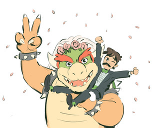anthro armband black_tie_(suit) bow_tie bracelet brown_hair clothing duo facial_hair flower hair husband husband_and_husband jewelry king larger_anthro larger_male looking_at_viewer male male/male married married_couple mustache petals plant romantic romantic_couple royalty scales size_difference smaller_human smaller_male smile spiked_armband spiked_bracelet spikes suit tan_body tan_skin veil wedding_veil yellow_body yellow_scales arielries mario_bros nintendo bowser luigi human koopa mammal scalie 2015 digital_drawing_(artwork) digital_media_(artwork) hi_res