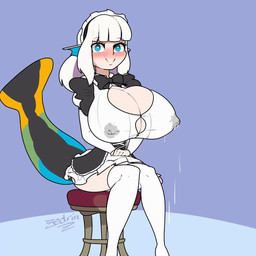 big_breasts blue_eyes blush blush_lines bodily_fluids bow_tie breasts butt cleavage clothed clothing female fin furniture hair huge_breasts lactating lactating_through_clothing looking_aside maid_headdress maid_uniform milk nipple_outline sitting smile solo stool tail text uniform wet wet_clothing white_hair zedrin animal_humanoid aquatic aquatic_humanoid fish fish_humanoid humanoid 1:1 animated character_request hi_res no_sound short_playtime signature video