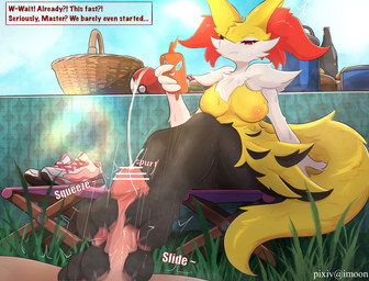 4_toes anthro areola between_toes bodily_fluids breasts claws clothing cum cum_through_toes cumshot duo ejaculation erection feet female foot_fetish foot_focus foot_on_penis foot_play footjob footwear genital_fluids genitals grass interspecies male male/female motion_blur motion_lines musk musk_clouds musky_feet nails orange_areola orgasm pawpads paws penis penis_between_toes plant plantigrade premature_ejaculation sex shoes smelly smelly_feet soles steamy_feet stink_fumes sweat sweaty_feet tail throbbing throbbing_penis toes two-footed_footjob unimpressed yimoon640 nintendo pokemon rotom_phone braixen generation_4_pokemon generation_6_pokemon human mammal pokemon_(species) rotom hi_res