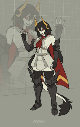 2_horns 5_fingers anthro armor armwear belt big_breasts black_armor black_armwear black_clothing breasts cape clothed clothing dress female female_anthro fingerless_gloves fingers fully_clothed fur furry_tail gloves handwear horn jewelry knee_guards legwear looking_at_viewer necklace necktie non-mammal_breasts red_cape red_clothing red_eyes red_necktie shin_guards simple_background solo standing tail thick_thighs thigh_highs three-quarter_view topwear white_body white_clothing white_dress wide_hips ruttinren mythology dragon mythological_creature mythological_scalie scalie 2025 colored digital_drawing_(artwork) digital_media_(artwork) full-length_portrait hi_res portrait