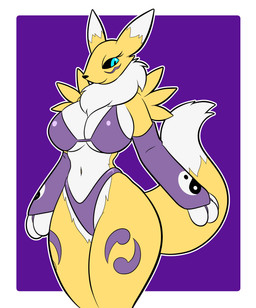 anthro big_breasts bikini black_sclera blue_eyes breasts clothing dipstick_ears dipstick_tail ear_markings female female_anthro fingers fur markings multicolored_ears purple_bikini purple_clothing purple_swimwear solo swimwear tail tail_markings two-piece_swimsuit white_body white_ears white_fur white_tail yellow_body yellow_ears yellow_fur yellow_tail vulpinecrew bandai_namco digimon canid canine digimon_(species) mammal renamon absurd_res hi_res