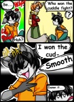 anthro black_hair canid canine canis clothing comic cuddle_fight darkfoxsoldier digital_media_(artwork) dog_tags domestic_dog duo felid fluffy fluffy_tail free_to_a_good_home_(webcomic) hair humor kai_volikov male mammal tail wolf xizana zeno