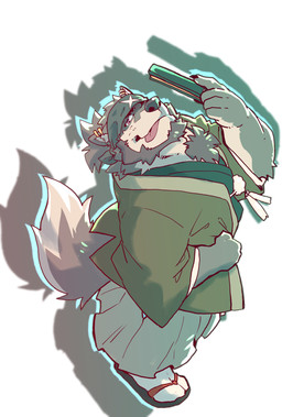 accessory anthro asian_clothing black_clothing black_footwear black_sandals bottomwear chest_tuft claws clothing ear_piercing ear_ring east_asian_clothing finger_claws footwear fur green_bottomwear green_clothing green_hakama green_haori green_kimono grey_body grey_fur grey_headband hair hakama haori headband holding_fan japanese_clothing kimono looking_at_viewer male piercing ponytail ring_piercing sandals shoes short_ponytail simple_background socks socks_with_sandals solo tabi_socks tail tongue tongue_out tuft white_background white_body white_clothing white_footwear white_fur white_socks hawyel_32 anothereidos_of_dragon_vein_r full_house_(anothereidos_r) canid canine canis mammal wolf 2026 absurd_res hi_res