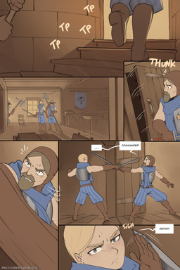 5_fingers armor beard blonde_hair breastplate clothed clothing dialogue dialogue_box facial_hair fingers gloves group hair handwear headgear helmet holding_object holding_weapon human_only inside male melee_weapon not_furry polearm speech_bubble sword text weapon arbuzbudesh caska_(arbuzbudesh) human mammal 2026 2:3 colored comic english_text hi_res url