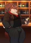 anthro bar bulge clothing cocktail_glass container cup drinking_glass eyebrows fur glass glass_container glass_cup grey_body grey_fur hair jewelry male musclegut muscular necklace pinstripe_pants pinstripe_suit pinstripes ponytail red_sclera scar solo suit thick_eyebrows kuraistars lifewonders tokyo_afterschool_summoners shino_(tas) canid canine canis domestic_dog mammal absurd_res hi_res