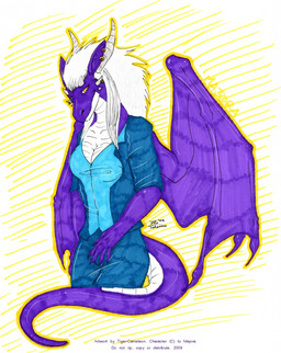 anthro breasts bulge clothed clothing copyright_symbol do_not_distribute ear_piercing ear_ring female hair horn jewelry membrane_(anatomy) membranous_wings non-mammal_breasts piercing purple_body purple_scales ring_piercing scales solo symbol tail text white_hair wings year skreebat mythology majora minora dragon mythological_creature mythological_scalie scalie 2009 artist_name marker_(artwork) traditional_media_(artwork)
