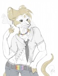 anthro biped clothed clothing female man's_shirt necktie open_clothing open_shirt open_topwear rainbow_colors shirt smoking solo standing stated_homosexuality stated_sexuality tail topwear fareme goldenfox danni mammal murid murine rat rodent