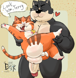 anthro balls bell big_balls big_butt big_muscles big_penis bridal_carry butt carrying_another collar collar_only dialogue duo father-in-law father-in-law_and_son-in-law genitals heart_symbol holding_another huge_balls huge_penis humanoid_genitalia humanoid_penis hyper hyper_balls hyper_genitalia hyper_penis looking_at_viewer male male/male muscular nude obese overweight penis simple_background size_difference smile son-in-law speech_bubble text ugly-rat15508 jess_(ugly-rat15508) raymond_(ugly-rat15508) canid canine canis domestic_dog felid feline mammal digital_media_(artwork) english_text hi_res incest_(lore)