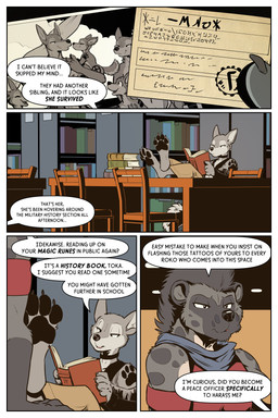 anthro book border chair claws clothing dialogue digitigrade female fluffy fluffy_tail furniture library male nude pawpads paws tail tattoo text torn_clothing white_border rick_griffin in_the_new_age the_witch_of_kurikuto ideka toka_(rick_griffin) canid canine canis hyena mammal wolf 2024 2:3 comic english_text hi_res