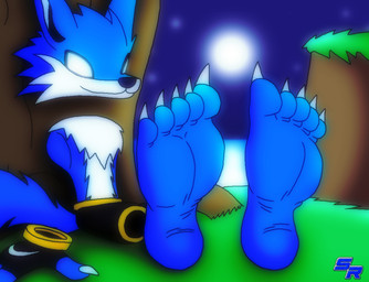 5_toes barefoot big_feet black_clothing blue_body blue_fur bottomwear claws clothed clothing feet foot_fetish foot_focus fur gloves grass handwear humanoid_feet limbless male moon night no_pupils pants plant plantigrade sitting smile solo toe_claws toes yellow_clothing ryoosakuling shino_the_wolf canid canine canis mammal wolf 2022 digital_drawing_(artwork) digital_media_(artwork)