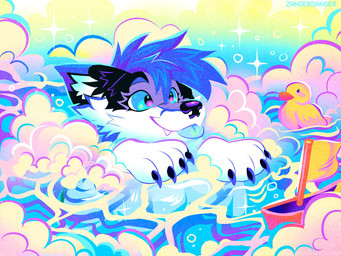 ambiguous_gender anthro bath bath_toy bathing black_ears blep blue_claws blue_eyebrows blue_eyes blue_hair blue_tongue bubble bubble_bath cheek_tuft claws dipstick_ears ear_markings eyebrows eyelashes facial_markings facial_tuft fangs fur hair happy head_markings markings mask_(marking) mostly_submerged multicolored_body multicolored_ears multicolored_face multicolored_fur muzzle_(marking) partially_submerged paws pupils purple_nose purple_pupils rubber_duck smile snout snout_markings solo sparkles spiky_hair swimming teeth text tongue tongue_out toy_boat tuft two_tone_pupils water white_body white_fur white_paws zangerdanger canid canine fox mammal 2026 artist_name colorful_theme digital_media_(artwork) headshot_portrait portrait