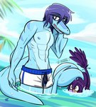 abs anthro athletic athletic_anthro athletic_male beach blue_body blue_eyes blue_hair blue_scales blue_stripes clothed clothing detailed_background duo fin hair hand_behind_head long_tail looking_at_viewer male multicolored_body multicolored_scales navel nipples open_mouth outside palm_tree pecs pink_eyes plant purple_body purple_hair purple_scales scales sea seascape seaside short_hair sky snout striped_body striped_scales stripes swimming_trunks swimwear tail tan_body tan_scales topless topless_anthro topless_male tree two_tone_body two_tone_scales v-cut water wet seven_(artist) goodbye_volcano_high leo_(gvh) sage_(gvh) dinosaur dromaeosaurid liopleurodon marine microraptor plesiosaur pliosaur prehistoric_species reptile scalie theropod velociraptor 2023 artist_name digital_drawing_(artwork) digital_media_(artwork) hi_res watermark trans_(lore) trans_man_(lore)