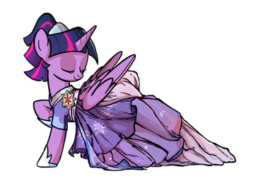 accessory brooch clothed clothed_feral clothing dress eyes_closed feathered_wings feathers female feral gown hair hair_accessory horn multicolored_hair ponytail purple_body simple_background smile solo wings otta_(artist) friendship_is_magic hasbro my_little_pony mythology twilight_sparkle_(mlp) equid equine mammal mythological_creature mythological_equine winged_unicorn absurd_res hi_res