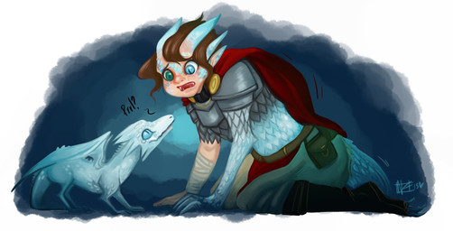 ambiguous_gender anthro armor blue_eyes brown_hair cape claws clothing duo feral footwear green_eyes hair heterochromia horn open_mouth scale_armor shoes species_transformation standing tail transformation nakitacat mythology dragon mythological_creature mythological_scalie scalie 2015