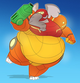 4_toes alternate_species anthro arm_cannon armor belly big_belly big_ears breasts clothing eyelashes feet female fist form_fitting gradient_background grey_body grey_skin half-closed_eyes huge_belly looking_aside machine narrowed_eyes obese obese_anthro obese_female overweight overweight_anthro overweight_female power_armor simple_background solo swimming_trunks swimwear thick_thighs toes visor visor_helmet hugo_enrique_art metroid nintendo samus_aran elephant elephantid mammal proboscidean 2025 hi_res