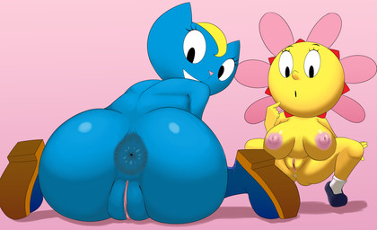 anthro anus big_breasts big_butt blue_body breasts butt clothing crouching duo female female/female flower footwear genitals huge_breasts looking_at_viewer nude nude_female plant shoes socks spread_legs spreading tailless vulva yellow_body scrabble007 parappa_the_rapper sony_corporation sony_interactive_entertainment um_jammer_lammy katy_kat sunny_funny domestic_cat felid feline felis humanoid mammal 2026 absurd_res hi_res