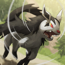 ambiguous_feral ambiguous_gender black_body black_fur black_inner_ear black_mane black_tail day depth_of_field digitigrade dutch_angle feral fur grass grey_body grey_ears grey_fur mane motion_blur multicolored_body multicolored_fur nature open_mouth outside paws pink_tongue plant pupils quadruped red_eyes red_nose running sharp_teeth slit_pupils snout solo tail teeth tongue tree two_tone_body two_tone_fur yellow_sclera spicyichizo nintendo pokemon canid canine generation_3_pokemon mammal mightyena pokemon_(species) 1:1 2026 absurd_res hi_res shaded