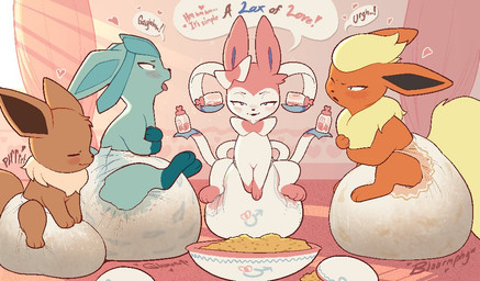 3_fingers 3_toes ambiguous_gender black_inner_ear black_nose blue_body blue_fur blue_inner_ear blue_tail blush blush_lines bow_(anatomy) bowl brown_body brown_fur brown_tail carpet cheese clean_diaper clothed clothing color_coded_text container curtains curtains_open dairy_products detailed_background dialogue diaper diaper_only ears_back ellipsis eyes_closed fart feces feet feral fingers food fur gender_symbol gloves_(marking) group hand_on_diaper heart_symbol holding_container holding_object humor laxative leg_markings light light_beam macaroni macaroni_and_cheese male_symbol markings multicolored_body multicolored_fur narrowed_eyes one_eye_closed open_mouth open_smile orange_body orange_fur pasta pattern_diaper pink_body pink_curtains pink_floor pink_fur pink_wall pivoted_ears pooping pun ribbons_(anatomy) sitting_on_diaper smile socks_(marking) soiled_diaper soiling soiling_diaper sound_effects speech_bubble spilled_food sunbeam sunlight symbol tail tan_body tan_fur toes tongue tongue_out topless touching_diaper two_tone_body two_tone_fur unclean_diaper used_diaper using_diaper vocalization vowelless vowelless_sound_effect wall_(structure) wavy_mouth wearing_diaper white_body white_diaper white_fur window yellow_body yellow_fur yellow_tail chestersmells nintendo pokemon eevee eeveelution flareon generation_1_pokemon generation_4_pokemon generation_6_pokemon glaceon pokemon_(species) sylveon male_(lore)