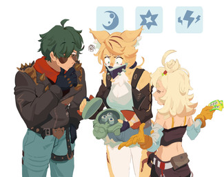 anthro blonde_hair bottomwear chest_tuft clothing crop_top denim denim_bottomwear denim_clothing denim_shorts female fingerless_gloves fortune_telling frustrated fur gloves group hair handwear inner_ear_fluff leather leather_clothing male markings mask multicolored_body multicolored_fur ponytail shirt shorts striped_markings stripes topwear trio tuft two_tone_body two_tone_fur yellow_body mangedugruau mihoyo zenless_zone_zero lighter_(zenless_zone_zero) piper_wheel pulchra_fellini felid human mammal hi_res