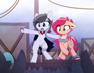 blue_eyes collar crowd cuff_(restraint) cutie_mark detailed_background duo_focus female fur green_eyes grey_hair group hair horn outside pink_body pink_fur pink_hair red_hair restraints shackles smile tan_body tan_fur white_body white_fur wings magnaluna hasbro my_little_pony mythology anon fan_character equid equine mammal mythological_creature mythological_equine pegasus unicorn 2018 digital_media_(artwork) hi_res