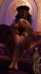 anthro big_breasts black_hair breasts brown_body brown_fur brown_lips feet female fur furniture hair hindpaw inside lips long_hair looking_at_viewer nails open_mouth paws red_eyes smile sofa solo teeth thick_thighs wide_hips blx24 bear mammal 2016 3d_(artwork) 9:16 digital_media_(artwork) hi_res